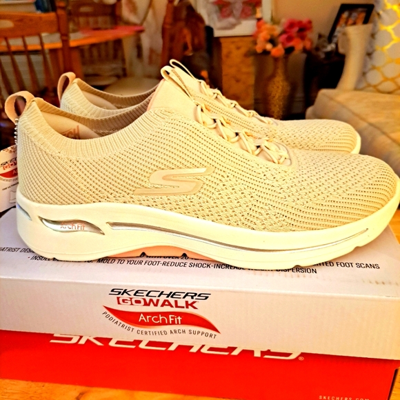 Women`s Skechers GO Walk Arch Fit - Crystal Waves Sneaker 124882-TPPK Taupe/p 10 - Picture 8 of 15